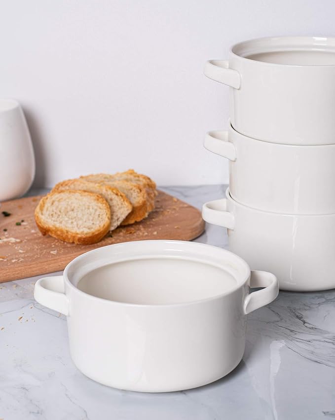 DELLING Soup Bowls with Handles Set of 6, 24 Oz Ceramic French Onion Soup Crocks Oven Safe - Large Soup Mugs for Chili Stew Cereal, Microwave Dishwasher Safe, White