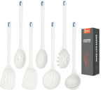Large Silicone Utensils Set of 7 for Cooking,No Scratch for Nonstick Cookware,Pasta Server,Spaghetti Spoon,Slotted Spoon&Spatula,Solid Spoon&Spatula,Skimmer,Soup Ladle BPA Free Heat Resistant (White)