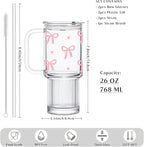 INSETLAN 26oz Cute Pink Bow Glass Cup with Lid and Straw, Girly Preppy Aesthetic Glass Tumbler with Handle, Birthday, Valentine’s & Christmas Gift for Women, Teens & Friends