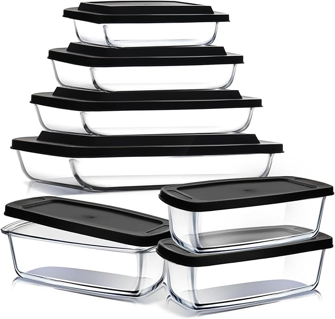 EATEX 7 Pack Glass Food Storage Containers with Lids, Baking Pans Set, Glass Baking Dishes for Oven | 3 Bread Pans for Bread Baking | 4 Casserole Dish Lasagna Pans, Oven Microwave Freezer Safe Black