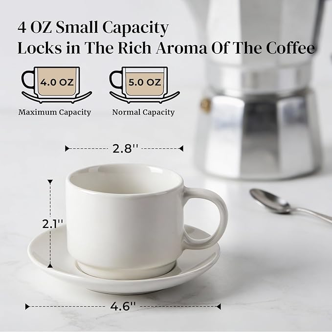 DOWAN 4 Ounce Porcelain Stackable Espresso Cups with Saucers Set of 4, White Espresso Cups for Home, Office and Cafe Use