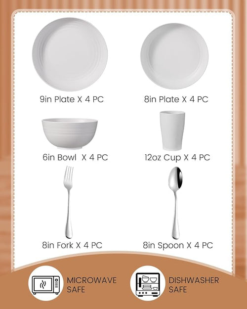 24 Pcs Dinnerware Set- Dinner Plates Set- Picnic & Camping- Unbreakable & Reusable- Includes 4x 9in, 4x 8in Plates, 4x 6in Bowls, 4 Cups, 4 Stainless Steel Forks and Spoons- Kitchen, Dorm, Office
