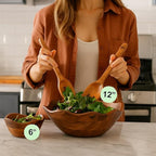 Melvvi Large Wooden Salad Bowl Set with 2 Serving Utensils and 2 Small Bowls | 12" and 6" Acacia Wood Bowls for Food | Mothers Day gift (Natural Set of 5)