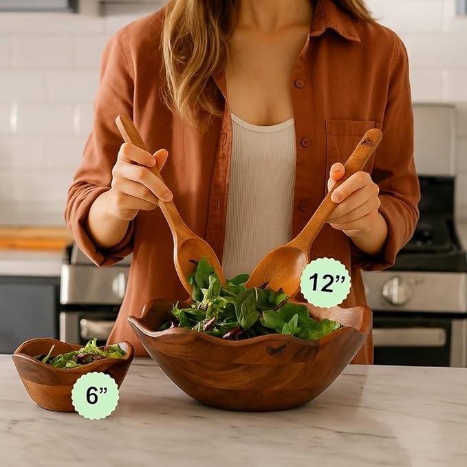 Melvvi Large Wooden Salad Bowl Set with 2 Serving Utensils and 2 Small Bowls | 12" and 6" Acacia Wood Bowls for Food | Mothers Day gift (Natural Set of 5)
