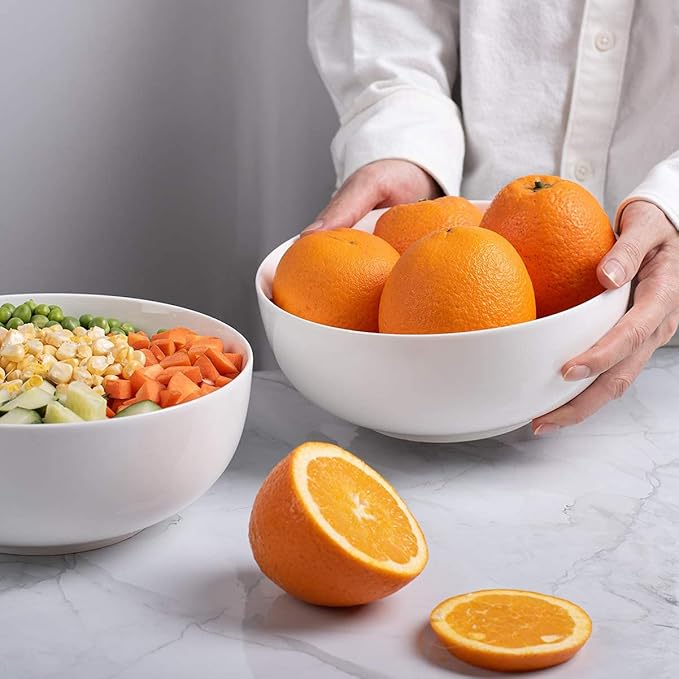 DELLING 60 Oz Large Serving Bowls Set of 3, 8 Inch White Ceramic Mixing Bowls - Soup Salad Pasta Ramen Bowls for Kitchen, Microwave Dishwasher Safe, Porcelain