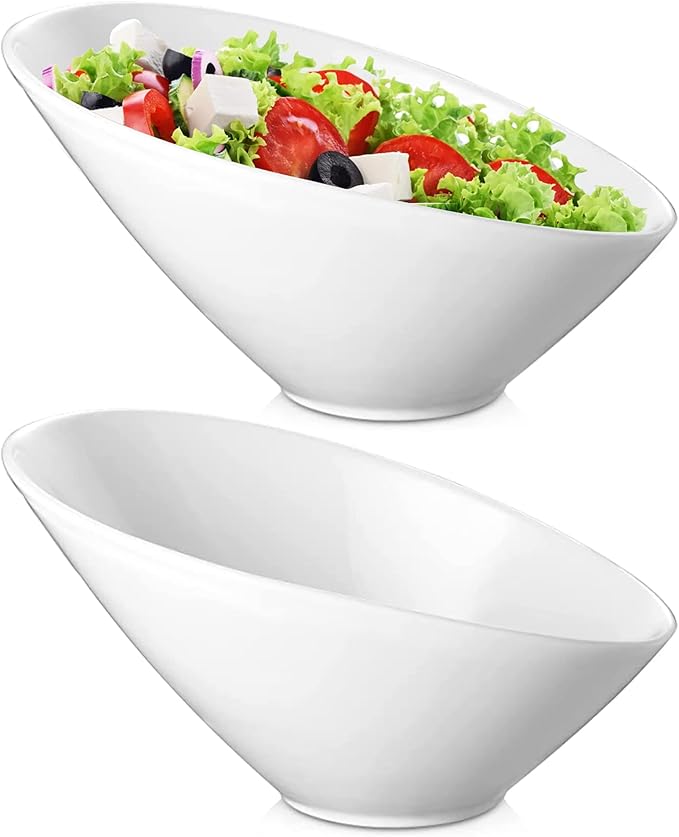 Yesland 2 Pack Porcelain Angled Serving Bowls - 26 oz White Salad Bowls - Ceramic Pasta Bowls for Cereal, Soup, Salad, Rice, Prep