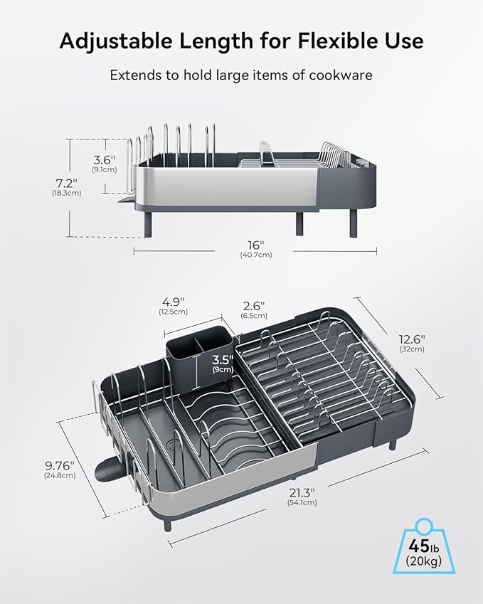 SUNLY Expandable Dish Drying Rack, Versatile Brackets for Pots & Pans, Space Saving Kitchen Drying Rack, Dish Racks for Kitchen Counter, Stainless Steel Dish Drainers with Extendable Spout, Gray