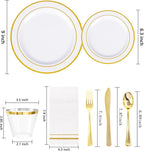 GATHER 350PCS Gold Plastic Plates - White and Gold Disposable Plastic Dinnerware Set Include 50 Dinner Plates, 50 Dessert Plate, 150 Silverware, 50 Napkins, 50 Cups for Party & Wedding