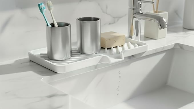 Happitasa Silicone Soap Dish Tray and Sponge Holder with Drain Chute and Feet | 3-Way Sloped Design | Bathroom and Kitchen Sink Organizer Caddy (White, 10"x4", 7.8 Ounces)