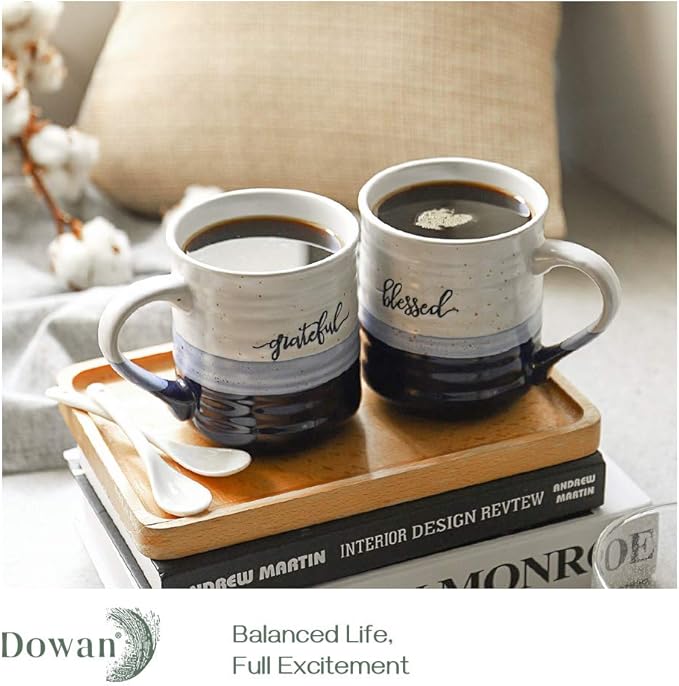 DOWAN 20 oz Coffee Mugs, Large Mugs with Word Blessed Grateful, Porcelain Coffee Cup, Thank You Gifts for Mom Dad, Set of 2 | Large Mugs, Coffee Cup