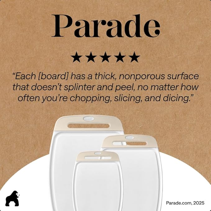 GORILLA GRIP BPA-Free Reversible Kitchen Cutting Board Set of 3, US Designed, Nonporous, Juice Grooves Catch Liquid, Slip Resistant Border, Dishwasher Safe, Durable Large Food Chopping Boards, Almond