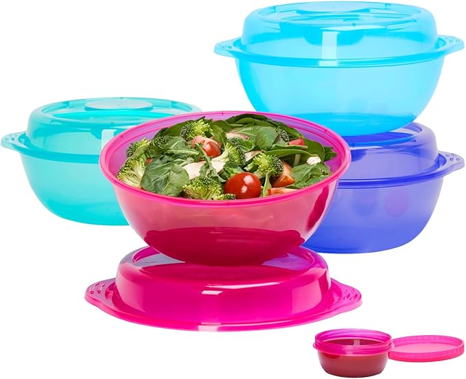 Bentgo Easyboxes Salad-to-Go Containers - 8-Piece Set: 4 Bowls, Leak-Proof Dressing Cups Built-In & 4 Fitted Lids Seal in Freshness; Reusable/BPA-Free for Salad, Pasta, & Cereal (Jewel Brights)
