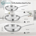 LOLYKITCH 8+10+12 Inch Tri-Ply Stainless Steel Frying Pan Set– Professional Skillet Fast & Even Heating, Induction & Oven Safe Cookware for Modern Home Kitchens, Detachable Handle
