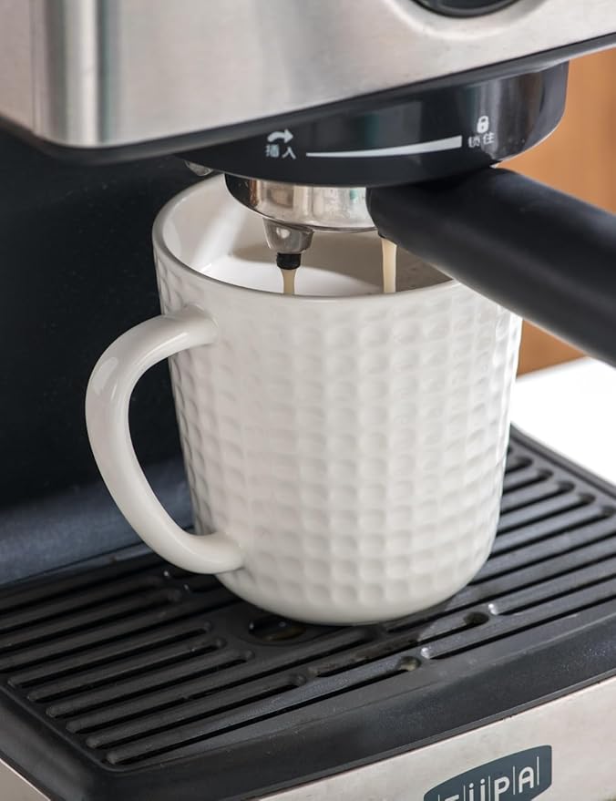 Ceramic Coffee Mugs Set of 4, 14oz White Coffee Cups with Embossed Grid Texture, Modern Minimalist Coffee Mug for Latte Cappuccino Tea Cocoa, Dishwasher & Microwave Safe, Ideal Housewarming Gift