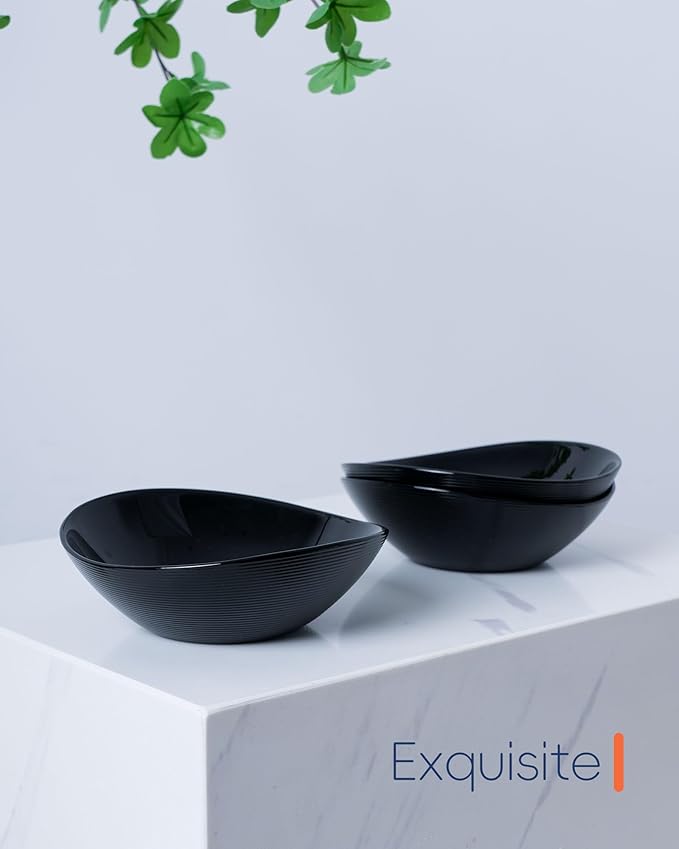 LaGlint 12 OZ Bowl Set of 6, Opal Glass 6 inch Oval Small Ice Cream Bowls for Breakfast Snack Dessert, Side Dishes, Fruit Kitchen, Microwave & Dishwasher Safe, Black