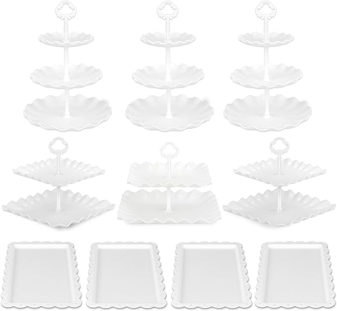 Pack of 10 NWK Cake Stand Set, with 3 x Two-Tier and 3 x Three-Tier Cupcake Stands, 4 x Appetizer Trays, 1 x Tablecloth for Birthday Bridal Baby Shower Party (White)