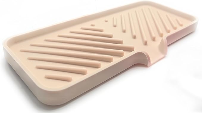 Happitasa Silicone Soap Dish Tray and Sponge Holder with Drain Chute and Feet | 3-Way Sloped Design | Bathroom and Kitchen Sink Organizer Caddy (Sand Dollar, 10"x4", 7.8 Ounces)