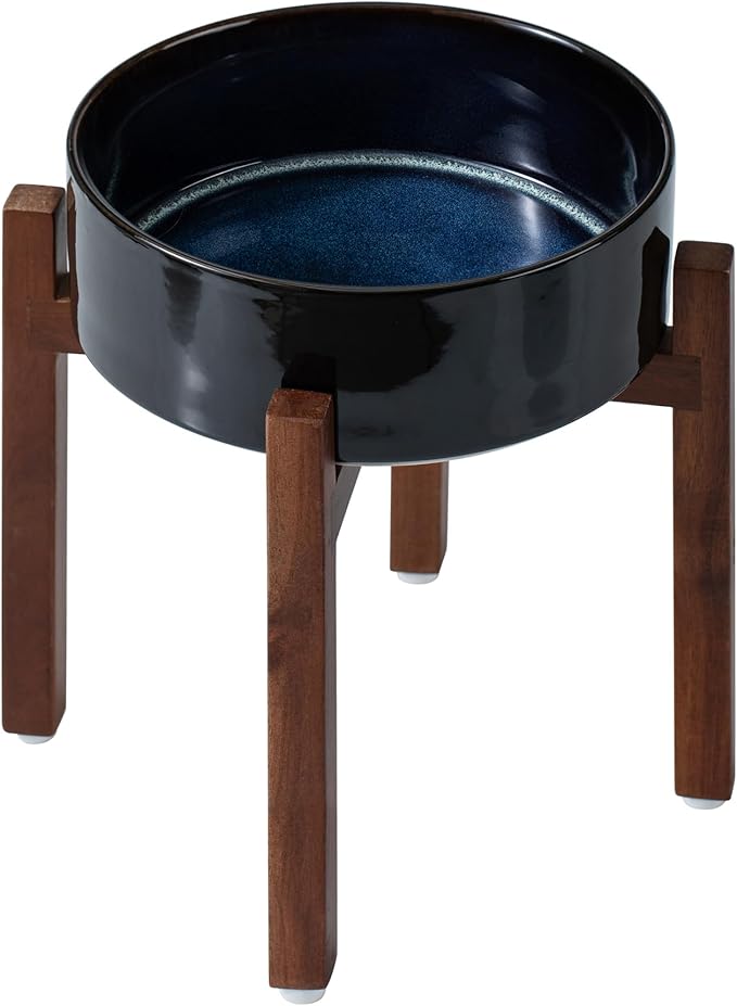 Havniva Ceramic 8.2inch Raised Dog Bowl Set, Elevated with Acacia Wood Stand, Food and Water Bowl for Large Breed Dogs, Weighted Pet Dishes(60oz, Starry Sky)