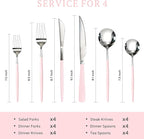 Astercook Silverware Set with Steak Knives 24-Piece Flatware Set for 4 Food-Grade Stainless Steel Pink Cutlery Set Mirror Polished Utensils Set Include Spoons and Forks for Home Kitchen Restaurant