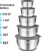 Wildone Mixing Bowls with Airtight Lids Set, 5PCS Stainless Steel Nesting Bowls Set for Kitchen, with Grater Attachments & Non-Slip Bottoms, Size 5, 3, 2, 1.5, 0.63 QT, Great for Baking & Serving