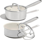 CAROTE 1.5Qt & 3Qt Stainless Steel Saucepan Set, Ceramic Pot Sets Non-Stick Non-Toxic Kitchen Cookware, Small Cooking Pots with Lids, Oven Safe, Induction Sauce Pan, Even Heating