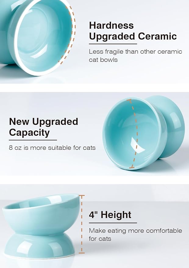 ABRUTY Cat Water Bowl, 16 OZ Ceramic Elevated Cat Bowls, 15° Tilted and Raised Pet Food Dish, Anti Vomiting Protect Pets' Spines and Whisker Fatigue, Set of 2, Turquoise