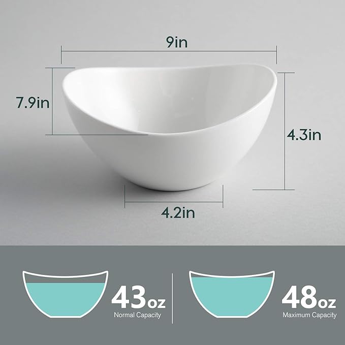Samsle Porcelain Large Serving Bowl Set (9 inch),48 Oz Big Salad bowls, Large Serving Dishes for Entertaining, Party Dinner,Side Dishes, Oval Shape, Microwave & Dishwasher Safe,Set of 2, White