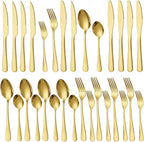 GPY Gold Silverware Set with Steak Knives, 24-Piece Stainless Steel Flatware Set Service for 4, Titanium Plated Gold Cutlery with Mirror Finish, Dishwasher Safe for Wedding, Party & Gift