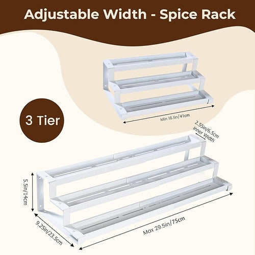 3-Tier Spice Rack Organizer for Kitchen Cabinet or Pantry, 16"-29" Expandable Spice Organization Shelf, Seasoning Organizer, Metal Display Shelf, Slip-Resistant Design for Jars and Bottles, White
