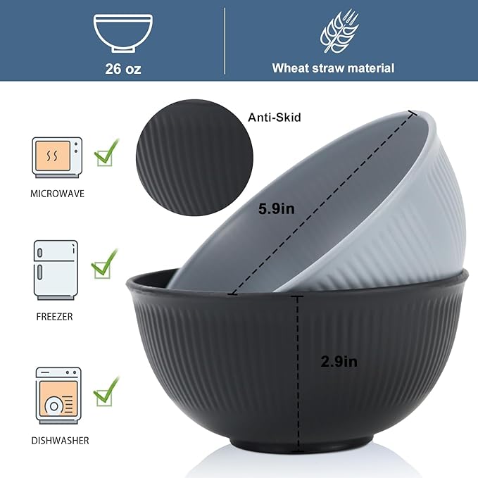 Wrova Wheat Straw Bowl Sets,8 PCS Unbreakable Cereal Bowl 26 OZ,Microwave and Dishwasher Safe Bowls,Alternative Plastic Bowls for Kitchen,Apartment,Camping,RV (Classic Series)