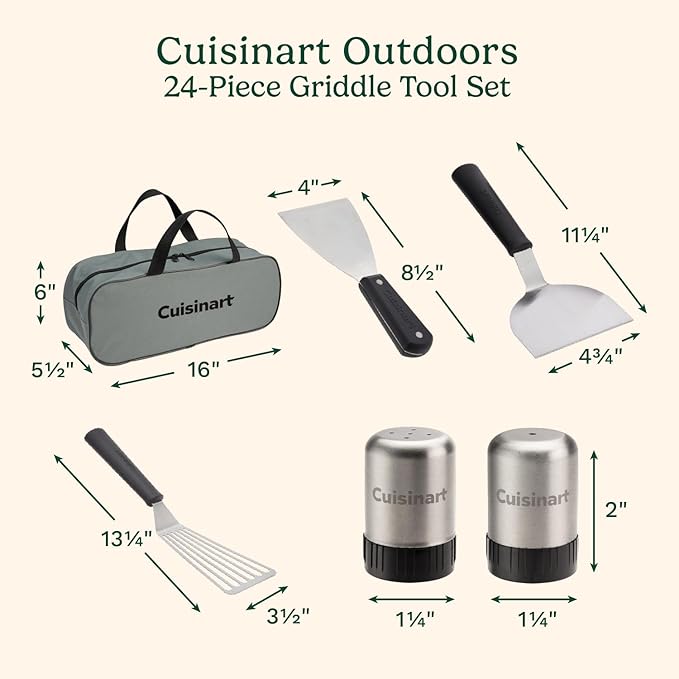 Cuisinart 24-Piece Griddle Tool Set with Storage Tote, Stainless Steel Flat Top Grill Accessories with Spatulas, Melting Dome, Smash Burger Press, Scraper & Tongs, Perfect for BBQ, Tailgates, Camping