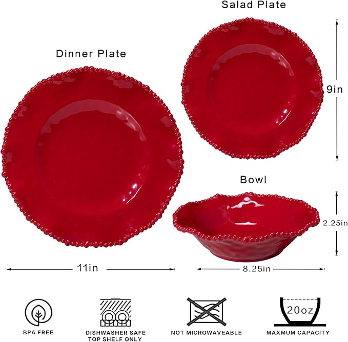 12 pcs Christmas Holiday Melamine Dinnerware Set, Ruffled Rim With Beaded Plates and Bowls Set of 4, Lightweight yet Durable Dishes tableware Set, Ideal for parties, camping, and RV trips