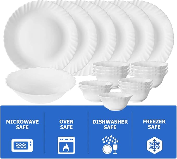 Borosil Gourmet Dinnerware Set For 6, 19 Pieces, White Dinner Plates and Bowls Sets, Chip Resistant Tempered Opal Glass, Stain Resistant, Dishwasher & Microwave Safe Dinner Set For Gifting, Serves 6