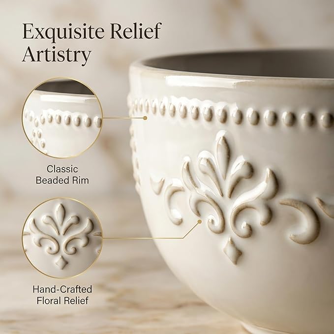 Artena Soup Bowls 32 OZ, Cereal Bowls Set of 4, White Embossment Ceramic Ramen Bowl for Salad, Dinner, Pho, Noodle, Pasta, Snacks, Dishwasher Microwave Safe, 6.3 Inch, Pinwheel Flower
