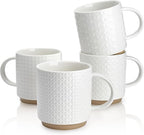 Sweese Stackable Coffee Mugs Set of 4, 10 oz Porcelain Coffee Cups with Embossed Design, White Cappuccino Cups, Stackable Mugs with Handle for Coffee, Latte, Tea