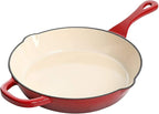 Crock-Pot 10 Inch Enameled Cast Iron Skillet with Handles - Ideal for Searing, Roasting, Frying - Even Heat Distribution, Pour Spouts - Oven-Safe & Stovetop Safe (Red)