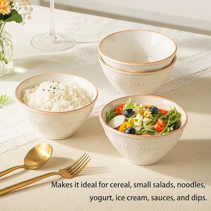 Ceramic Small Bowls Set 4-Piece, 12 OZ Farmhouse Vintage Ramekins Bowl for Salad Dessert Yogurt Dipping, 4.7 In Porcelain Bowl Microwave Dishwasher Safe, Misty White Christmas Gift
