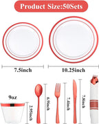 Goodluck 350 Piece Red Plastic Dinnerware Set for 50 Guests, Fancy Disposable Plates for Party, Include: 50 Dinner Plates, 50 Dessert Plates, 50 Pre Rolled Napkins with Silverware, 50 Cups
