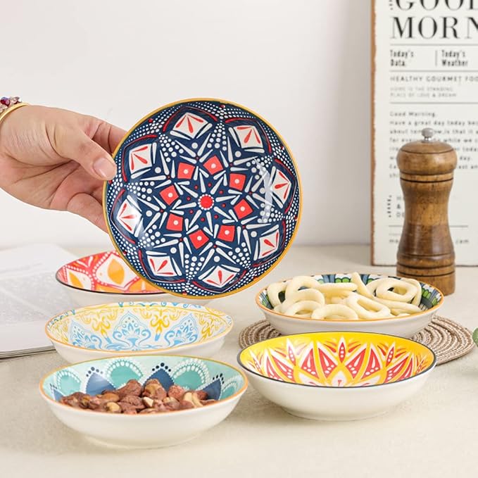Small Bowls - Ice Cream Dessert Bowl 8.5 oz - Ceramic Bowl Set of 6 - Colorful Shallow Bowl for Side Dish | Snack | Appetizer - Microwave and Dishwasher Safe - 5.5 x 1.3 Inches