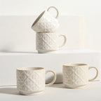 6 Oz Coffee Mugs with Stand, Stackable Coffee Cups Set of 4, Ceramic Espresso Cups, Embossed Cappuccino Cups for Latte, Cocoa, Mocha, Tea, Housewarming Wedding Present, Dishwasher Safe