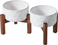 Havniva 6.1inch Ceramic Raised Double Bowls Set with Acacia Wood Stand, 2 Heights Elevated, Food & Water Bowls for Small Breed Dogs, Weighted Dog Dishes, Pet Bowl(27oz, Arctic White)