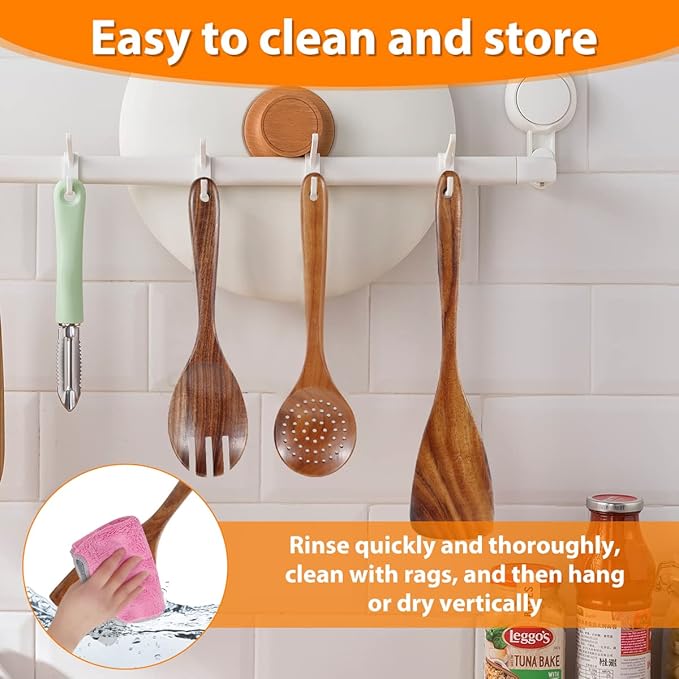 6Pcs Wooden Cooking Utensils Set with Hanging Hole Teak Utensils Set for Cooking Nonstick Wood Spoons Spatulas Comfortable Grip Colander Set for Kitchen