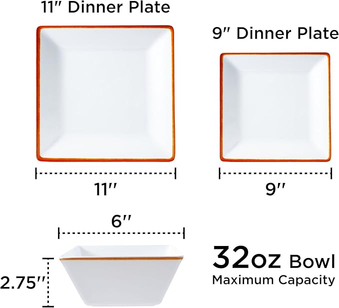 TP 12-Piece Melamine Dinnerware Sets, Plates and Bowls Dishes Set for 4, Break-Resistant & Non-Microwavable, Lightweight Square Dinner Plates, White with Rim