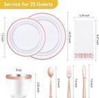 Goodluck 175 Pieces Rose Gold Dinnerware Set for 25 Guests, Plastic Plates Disposable for Party, Include: 25 Dinner Plates, 25 Dessert Plates, 25 Paper Napkins, 25 Cups, 25 Silverware Set