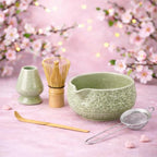Matcha Whisk Set- Matcha Set includes Matcha Whisk and Bowl, Sifter, Holder and Scoop- The Perfect Bamboo Whisk for Matcha Tea (Molted Green)