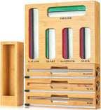 9-in-1 Bamboo Kitchen Drawer Organizer with Cutter – Storage Box for Foil, Plastic Wrap, and Bag Dispenser Compatible with Gallon, Quart, Sandwich & Snack Sizes