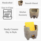 Ceramic Sponge Holder with Drainage, Rustic Farmhouse Sink Caddy Organizer, Self Draining Sponge Dish for Scrubbers, Soap & Brushes, Compact Kitchen Accessory, Keeps Counter Dry (Avocado)