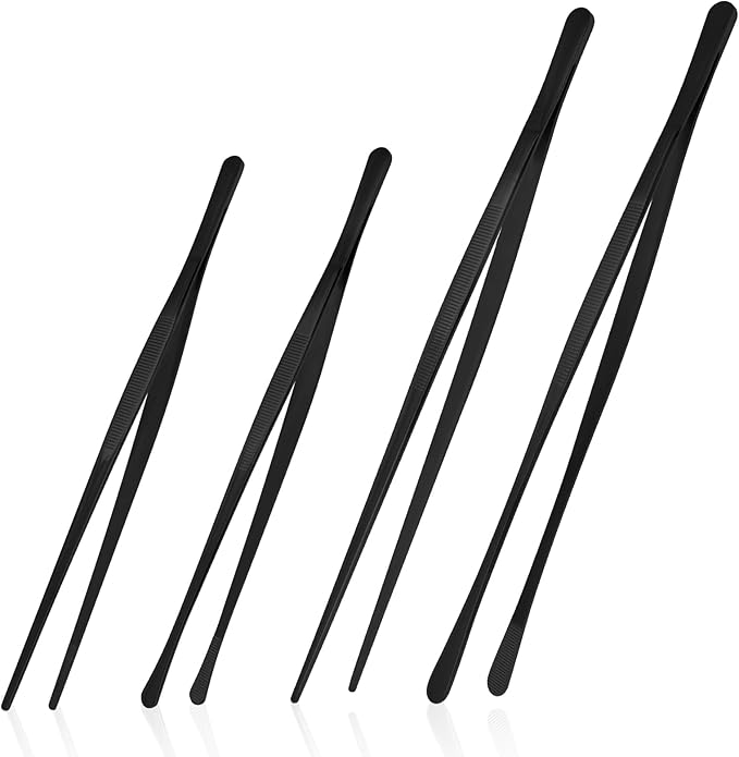 12 Inch & 10 Inch Fine Long Tweezers Tongs Stainless Steel, Black Professional Kitchen Tweezers Tongs for Cooking, BBQ, Plating, Repairing (Pack of 4)