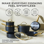 Farberware Forged Induction Ceramic Nonstick Pots and Pans Set with Lids and Kitchen Cooking Tools - Dishwasher Safe, Suitable for All Stovetops, 12 Piece Cookware Set - Black and Gold