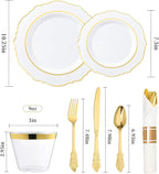 realluck 350 Piece White Gold Plastic Dinnerware Set for 50 Guests Elegant Baroque Disposable Dinnerware for Weddings, Parties, 100 Plastic Plates, 50 Pre Rolled Napkins with Silverware, 50 Cups